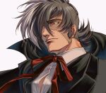  1boy black_jack_(character) black_jack_(series) black_jacket bright_pupils brown_eyes closed_mouth hair_over_one_eye highres jacket long_sideburns looking_ahead male_focus mature_male multicolored_hair oldkin portrait red_ribbon ribbon shirt short_hair sideburns solo stitched_face stitches two-tone_hair white_background white_pupils white_shirt 