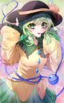 1girl :p absurdres black_headwear bow buttons commentary cowboy_shot diamond_button floral_print frilled_shirt_collar frilled_sleeves frills green_hair green_nails green_skirt hand_on_headwear hand_up hat hat_bow hat_ribbon heart heart_in_eye heart_of_string highres komeiji_koishi long_hair long_sleeves looking_at_viewer nyarocks ribbon rose_print shirt skirt sleeves_past_fingers sleeves_past_wrists smile solo subterranean_animism symbol_in_eye third_eye tongue tongue_out touhou wide_sleeves yellow_ribbon yellow_shirt