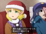  2girls blonde_hair blue_hair commando_(movie) empty_eyes green_eyes hat miyako_yoshika mizuhashi_parsee multiple_girls ofuda parody pointy_ears santa_hat scene_reference sharp_teeth shirosato subtitled teeth touhou translated 