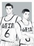  2boys basketball_jersey basketball_uniform buzz_cut cheekbones closed_mouth crossed_arms empty_eyes greyscale hands_on_own_hips highres ichinokura_satoshi korean_text light_smile looking_to_the_side male_focus matsumoto_minoru monochrome multiple_boys short_hair shorts simple_background slam_dunk_(series) sportswear tank_top translation_request upper_body very_short_hair xktnjrxgvdrd3hy 