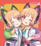  2girls animal_ear_headphones animal_ears blonde_hair blue_archive blue_necktie blush bow collared_shirt fake_animal_ears green_bow green_eyes green_halo hair_bow halo headphones highres jacket midori_(blue_archive) momoi_(blue_archive) multiple_girls nagomibako_(nagomi-99) necktie one_eye_closed open_clothes open_jacket open_mouth pink_halo red_bow red_eyes shirt short_hair siblings sisters twins two-sided_fabric two-sided_jacket upper_body white_jacket white_shirt 