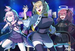  3girls ambriel_(arknights) animal_ears arknights artist_name black_jacket black_thighhighs blonde_hair blurry blurry_background breasts cowboy_shot cropped_jacket halo highres holding holding_phone jacket kirara_(arknights) memetaroh multiple_girls open_mouth phone pink_hair pink_jacket pleated_skirt skirt smile tail teeth thigh-highs utage_(arknights) violet_eyes white_jacket 