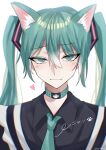  1girl absurdres animal_ear_fluff animal_ears aqua_choker aqua_eyes aqua_hair aqua_necktie black_shirt cat_ears cat_girl chromatic_aberration closed_mouth collared_shirt commentary hair_between_eyes hatsune_miku heart highres long_hair necktie shirt sidelocks simple_background slit_pupils solo translated tsukuno_tsuki twitter_username upper_body vocaloid white_background 