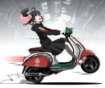  1girl absurdres black_hair black_hoodie black_pantyhose black_skirt black_sweater helmet highres hood hoodie long_hair motor_vehicle motorcycle_helmet on_scooter open_mouth pantyhose pleated_skirt pulao_(punishing:_gray_raven) punishing:_gray_raven red_footwear riding_scooter scared scooter skirt solo sweater two-tone_footwear unworn_headwear unworn_helmet vespa white_footwear yuliuswilly 