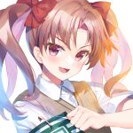  1girl armband bow brown_hair brown_vest bucchake_(asami) collared_shirt dress_shirt hair_bow hair_intakes long_hair open_mouth portrait red_bow red_eyes safety_pin school_uniform shirai_kuroko shirt solo toaru_kagaku_no_railgun toaru_majutsu_no_index tokiwadai_school_uniform twintails vest white_shirt wing_collar 