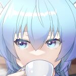  1girl animal_ears blue_eyes blue_hair blurry blurry_background cat_ears close-up covered_mouth cup drinking eyelashes hair_between_eyes holding holding_cup looking_to_the_side matsumoto-san misskey.io murakami-san_(misskey.io) short_hair solo 