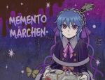  blue_hair book bug centipede copyright_name dress eyeball hair_ribbon holding holding_book looking_at_viewer memento_marchen moth multicolored_hair open_book purple_dress ribbon rusha_(memento_marchen) serious short_hair sparkle wakaba 