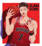  1boy ball basketball_(object) basketball_jersey basketball_uniform black_wristband brown_eyes brown_hair copyright_name dark-skinned_male dark_skin drop_shadow earrings highres holding holding_ball jewelry looking_at_viewer male_focus miyagi_ryouta open_mouth red_background red_tank_top red_wristband slam_dunk_(series) solo sportswear stud_earrings tank_top toned toned_male tongue tongue_out undercut upper_body wavy_hair wire_fence xktnjrxgvdrd3hy 