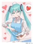  1girl :d absurdres ahoge apron aqua_eyes aqua_hair blue_apron border cellphone chocolate_making collared_shirt commentary cooking dress_shirt hair_between_eyes hatsune_miku heart highres holding holding_whisk long_hair mixing mixing_bowl phone pink_background shirt simple_background sleeves_past_elbows smartphone smile solo sparkle spoken_object tongue tongue_out tsukuno_tsuki twintails twitter_username valentine vocaloid whisk white_border white_shirt 