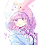  1girl black_shirt blunt_bangs blush bow cosplay danganronpa_(series) danganronpa_2:_goodbye_despair dress_shirt ear_bow flipped_hair heart highres hood hood_up hooded_jacket jacket medium_hair monomi_(danganronpa) monomi_(danganronpa)_(cosplay) nanami_chiaki neck_ribbon open_clothes open_jacket pink_eyes pink_hair pink_ribbon reicheru_(soyball666) ribbon shirt smile solo spaceship_hair_ornament two-tone_shirt upper_body white_background white_shirt 