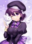  1girl ;) animal_hug animal_on_hand beret black_headwear black_shirt blush bow breasts c: closed_mouth commentary_request commission hair_between_eyes hand_up hat hug juliet_sleeves long_sleeves looking_at_viewer medium_breasts one_eye_closed puffy_sleeves purple_background purple_bow purple_hair purple_theme rabbit second-party_source shirt signature simple_background skeb_commission smile solo tareme trystar umino_hotaru upper_body violet_eyes virtual_youtuber white_wings wings zen_(kamuro) 