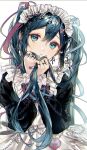  1girl alternate_costume aqua_eyes aqua_hair bandaid bandaid_on_hand bat_hair_ornament black_dress chain character_name commentary cross cross_earrings dress ear_piercing earrings enmaided frilled_dress frills hair_between_eyes hair_ornament hair_ribbon hairclip hands_up hatsune_miku head_tilt heart highres holding holding_own_hair jewelry long_hair long_sleeves maid maid_day maid_headdress multiple_rings piercing rabbit_hair_ornament ribbon ring simple_background skksr solo symbol-only_commentary syringe twintails upper_body very_long_hair vocaloid white_background white_dress x_hair_ornament 