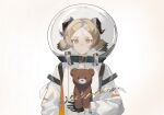  1girl arknights artist_name black_gloves blonde_hair demon_horns gloves hand_up highres holding holding_stuffed_toy horns ifrit_(arknights) long_sleeves looking_at_viewer orange_eyes short_hair short_twintails simple_background solo spacesuit stuffed_animal stuffed_toy teddy_bear twintails weekend-nor white_background 