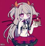  1girl artist_name chibi colored_skin commission doughnut dress earrings eating food hair_ribbon hairband highres holding holding_food horns jewelry looking_at_viewer mogeko_(okegom) pout purple_background ribbon skeb_commission solo tagme violet_eyes white_hair white_skin wings 