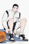  1boy absurdres ball basketball_(object) black_eyes black_hair black_shorts buzz_cut fukatsu_kazunari full_body grey_background highres jacket korean_text looking_at_viewer male_focus parted_lips shadow shoes short_hair shorts simple_background sitting slam_dunk_(series) sneakers solo track_jacket translation_request two-tone_footwear tying_footwear very_short_hair white_jacket xktnjrxgvdrd3hy 