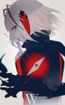  1girl 7nite absurdres arknights character_name finger_to_mouth from_behind heart highres jacket looking_at_viewer parted_lips red_eyes red_theme scarf short_hair shushing simple_background smile solo spot_color upper_body w_(arknights) 