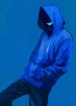  1boy absurdres blue_background blue_hoodie blue_mouth blue_pants blue_theme drawstring face_in_shadow facing_viewer feet_out_of_frame hands_in_pockets highres hood hood_up hoodie knee_up long_sleeves male_focus napoli_no_otokotachi open_mouth pants shu3_(napoli_no_otokotachi) simple_background smile solo standing ujimoto 