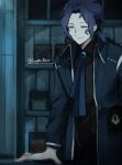  1boy absurdres ascot black_shirt blue_ascot blue_coat blue_hair brooch chesed_(project_moon) closed_mouth coat collared_shirt cup highres holding holding_cup jewelry kasyoku_bear library_of_ruina low_ponytail male_focus mug project_moon shelf shirt smile solo 