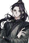  1boy bisu_(hw3op) black_hair chinese_clothes closed_mouth crossed_arms earrings eyelashes furrowed_brow gold_earrings hanfu high_ponytail highres jewelry korean_commentary long_hair looking_at_viewer ming_yi serious simple_background solo tianguan_cifu white_background yellow_eyes 