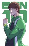  1boy absurdres ben_10 ben_10:_alien_force ben_tennyson brown_hair coolpsyco copyright_name green_eyes green_jacket highres jacket omnitrix short_hair smile solo upper_body 