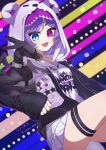  1girl absurdres animal_hood bear_hood blue_eyes ember_(selen_tatsuki) fangs heterochromia highres hood hood_up hoodie jacket nijisanji nijisanji_en official_alternate_costume open_clothes open_jacket open_mouth purple_hair selen_tatsuki selen_tatsuki_(3rd_costume) short_hair smile solo thigh_strap usari_sk violet_eyes virtual_youtuber white_hoodie 