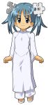 1girl absurdres blue_eyes blue_hair blush closed_mouth commentary dress flat_chest full_body hair_ornament highres jigsaw_puzzle kasuga_(kasuga39) long_sleeves looking_at_viewer pants puzzle sandals simple_background solo standing transparent_background vietnamese_dress white_dress white_pants wide_sleeves wikipe-tan wikipedia