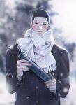  1boy black_coat black_eyes black_hair blurry blurry_background breath buzz_cut closed_mouth coat fukatsu_kazunari highres holding looking_at_viewer male_focus outdoors sarigo7 scarf short_hair slam_dunk_(series) snow snowing solo tube upper_body very_short_hair white_scarf winter winter_clothes winter_coat 