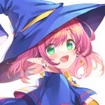  1girl :d alice_wishheart blue_capelet blue_headwear bucchake_(asami) capelet earrings fang floating_hair green_eyes hat jewelry long_hair looking_at_viewer magical_halloween open_mouth pink_hair pointy_ears portrait smile solo star_(symbol) star_earrings white_background witch_hat 