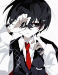  1boy black_coat black_eyes black_hair black_vest blush closed_mouth coat coat_on_shoulders collared_shirt hand_up highres lemonail limbus_company male_focus necktie project_moon red_necktie shirt simple_background smile solo vest white_background yi_sang_(project_moon) 