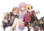  1girl 2boys animal_ears arm_around_shoulder arms_up bare_legs bare_shoulders blonde_hair blush boots brown_hair closed_mouth crossed_legs cup detached_sleeves dress drooling drunk forehead_protector genshin_impact gloves gorou_(genshin_impact) hair_ornament holding holding_cup jacket japanese_clothes jewelry kk_(kkgame7733) leaning_back leaning_to_the_side long_hair looking_at_viewer mouth_drool multiple_boys open_clothes open_jacket open_mouth pants parted_lips pendant pink_hair shirt sitting smile tail thoma_(genshin_impact) violet_eyes yae_miko 