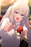  1girl alternate_costume aran_sweater black_pantyhose blue_eyes blush cable_knit casual commentary_request echo_(circa) fate/grand_order fate_(series) food fork fruit holding holding_fork long_hair long_sleeves looking_at_viewer marie_antoinette_(fate) open_mouth pantyhose sitting smile solo strawberry sweater twintails twitter_username very_long_hair white_hair white_sweater 