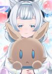  1girl :&lt; animal_ear_fluff animal_ears arknights balloon black_headwear blush cat_ears cat_girl green_eyes grey_hair hairband hat holding holding_stuffed_toy long_hair looking_at_viewer parted_lips rosmontis_(arknights) smile solo stuffed_animal stuffed_rabbit stuffed_toy upper_body yokuto 