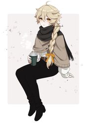  1boy aether_(genshin_impact) alternate_costume ar_(rikuesuto) black_footwear black_pants black_scarf blonde_hair braid brown_cape cape coffee_cup cup disposable_cup genshin_impact hair_between_eyes hair_ribbon high_heels holding holding_cup long_hair long_sleeves male_focus pants ribbon scarf solo sweater white_sweater yellow_eyes yellow_ribbon 