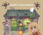  1girl :3 animal_ear_fluff animal_ears aqua_eyes bat_wings bird blonde_hair blunt_bangs bow brown_background bug chimney claw_pose commentary_request crack crow door fang ghost gochuumon_wa_usagi_desu_ka? halloween happy_halloween hat house jack-o&#039;-lantern kirima_syaro lantern looking_at_viewer mohei open_mouth overgrown purple_headwear rabbit red_bow scar short_hair silk simple_background solo spider spider_web thatched_roof tombstone wavy_hair wild_geese window wings witch_hat wolf_ears wreath 