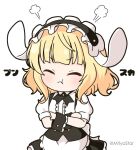  1girl :t animal_ears apron black_hairband black_skirt blonde_hair center_frills closed_eyes closed_mouth commentary_request crossed_arms facing_viewer fake_animal_ears fleur_de_lapin_uniform floppy_ears frilled_hairband frills gochuumon_wa_usagi_desu_ka? hairband kirima_syaro mitya puffy_short_sleeves puffy_sleeves rabbit_ears shirt short_sleeves simple_background skirt solo translation_request twitter_username uniform v-shaped_eyebrows waist_apron waitress white_apron white_background white_shirt wrist_cuffs 