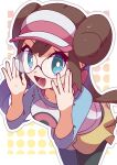  1girl bent_over bespectacled black_pantyhose blue_eyes brown_hair collarbone commentary_request double_bun doughnut_hair_bun glasses hair_bun highres omochi_(omotimotittona3) pantyhose pantyhose_under_shorts poke_ball_print pokemon pokemon_bw2 raglan_sleeves rosa_(pokemon) shorts twintails visor_cap yellow_shorts 