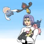  1boy blue_hair green_eyes happy highres inkay james_(pokemon) matsu_ko0018ro mime_jr. morpeko morpeko_(full) pokemon pokemon_(anime) pokemon_(creature) yamask 