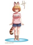 1girl alternate_costume animal_ears blonde_hair blue_shorts boots brown_footwear casual cat_ears cat_girl cat_tail closed_eyes collarbone extra_ears full_body kemono_friends multicolored_hair nyororiso_(muyaa) pink_shirt pink_t-shirt serval_(kemono_friends) shirt short_hair short_shorts short_sleeves shorts smile solo striped striped_shirt t-shirt tail translation_request two-tone_shirt white_shirt