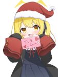  1girl absurdres blonde_hair blue_archive blush christmas coat dress hair_ribbon halo hat highres holding ibuki_(blue_archive) long_hair long_sleeves looking_at_viewer neck_ribbon open_mouth petako_(ptpt_k) pleated_dress ribbon santa_hat side_ponytail sleeve_cuffs sleeves_past_fingers sleeves_past_wrists smile solo translation_request yellow_eyes 
