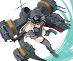  1girl adapted_turret anchor anchor_hair_ornament bare_shoulders bismarck_(kancolle) blonde_hair blue_eyes blush breasts brown_gloves cross detached_sleeves gegeron gloves hair_between_eyes hair_ornament hat highres iron_cross kantai_collection large_breasts long_hair looking_at_viewer machinery military military_hat military_uniform peaked_cap rigging signature smokestack solo thigh-highs turret uniform 