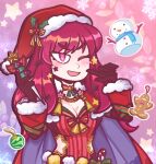  1girl blue_cape bodysuit cape christmas d_vaaaah facial_mark fire_emblem fire_emblem_engage fire_emblem_heroes gingerbread_man hair_ornament hat highres ice_pick long_hair looking_at_viewer multicolored_cape multicolored_clothes official_alternate_costume one_eye_closed red_bodysuit red_cape red_eyes redhead santa_hat snowman star_(symbol) star_facial_mark star_hair_ornament star_print two-tone_cape yunaka_(fire_emblem) yunaka_(fire_emblem)_(spirited_envoy) 