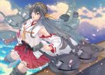  1girl armpits bare_shoulders blue_sky boots breasts brown_eyes cannon clouds detached_sleeves frilled_skirt frills grey_hair hair_between_eyes hair_ornament hairclip hakama hakama_skirt haruna_(kancolle) haruna_kai_ni_(kancolle) headgear japanese_clothes kantai_collection long_hair looking_at_another map_(blue_catty) medium_breasts nontraditional_miko ocean open_mouth outdoors pleated_skirt red_skirt skirt sky solo turret wide_sleeves 