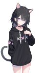  1girl absurdres animal_ear_fluff animal_ear_piercing animal_ears bell black_hair black_hoodie blue_eyes cat_ears cat_girl cat_tail collar ear_piercing expressionless highres hood hood_down hoodie long_sleeves looking_at_viewer neck_bell norio_(noriosub) original piercing simple_background tail white_background 