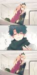  ... 1boy 1girl ^_^ azumi_(myameco) black_hair black_scarf black_thighhighs blonde_hair cape closed_eyes commentary_request ereshkigal_(fate) fate/grand_order fate_(series) fou_(fate) fujimaru_ritsuka_(male) hair_ribbon indoors knitting long_hair red_cape red_eyes red_ribbon ribbon scarf short_hair sitting skull_and_crossbones smile spoken_ellipsis thigh-highs tiara traditional_media trembling 