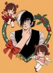  1boy 2girls angel_wings black_hair black_jack_(character) black_jack_(series) black_vest bow brown_eyes brown_hair christmas_ornaments closed_mouth coat dress eyelashes fur-trimmed_coat fur_trim hair_over_one_eye hand_on_own_chin hand_on_own_face highres holly long_sleeves multicolored_hair multiple_girls oldkin pink_coat pinoko pointing pointing_at_self pom_pom_(clothes) red_bow red_dress red_footwear shirt short_hair signature split-color_hair star_ornament stitched_face stitches sweat thigh-highs vest waist_bow white_hair white_shirt white_thighhighs white_wings wings 
