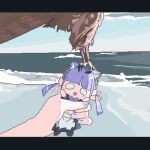  1girl apron bird blue_sky character_doll clouds commentary_request hawk horizon letterboxed lokulo-chan lokulo_no_mawashimono lowres ocean original pov pov_hands purple_nails sky solo talons twintails waist_apron 