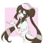 1girl ascot blue_eyes brown_hair commentary_request double_bun hair_bun haru_(haru4782) highres looking_at_viewer official_alternate_costume open_mouth pink_background pokemon pokemon_masters_ex rosa_(pokemon) rosa_(special_costume)_(pokemon) solo twintails twitter_username upper_body white_ascot wristband