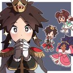  1boy 2girls artist_name blush border brown_eyes brown_hair chibi crown dark-skinned_female dark_skin double_bun english_commentary epaulettes grey_background hair_bun highres iris_(pokemon) luciacacti multiple_girls nate_(champion)_(pokemon) nate_(pokemon) official_alternate_costume outside_border own_hands_together pokemon pokemon_bw2 pokemon_masters_ex rosa_(pokemon) sparkle sparkling_eyes tiara white_border 