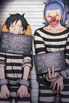  2boys black_eyes black_hair blue_hair buggy_the_clown chikiso clenched_hand clown_nose collarbone cuffs facial_mark hat hat_on_back holding holding_sign male_focus monkey_d._luffy mouth_hold mugshot multiple_boys one_piece ponytail prison_clothes scar scar_on_face shackles sign sleeves_rolled_up sparse_stubble straw_hat teeth 