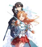  1boy 1girl absurdres armor asuna_(sao) belt black_eyes black_gloves black_hair black_jacket black_pants black_shirt blush braid breast_press breastplate brown_eyes brown_hair dark_repulser elucidator fingerless_gloves flower gloves hair_between_eyes high_collar highres holding holding_sword holding_weapon jacket kirito knights_of_blood_uniform_(sao) lambent_light leather leather_jacket long_hair looking_at_viewer midriff_peek miniskirt open_mouth pants pleated_skirt rapier red_skirt scabbard sheath shirt short_hair skirt smile sword sword_art_online thigh-highs thighs unsheathed weapon white_armor white_background yoru_kiri 